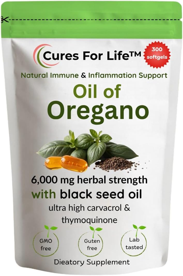 Oil of Oregano Softgels – 6000mg High Potency with 165mg Carvacrol & 200mg Black Seed Oil – 2-in-1 Immune Support & Digestive Health – 300 Softgels – Oregano Oil Capsules Supplement