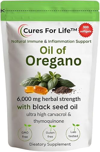 Cápsulas blandas de aceite de orégano  6000 mg de alta potencia con 165 mg de Carvacrol y 200 mg de aceite de semilla negra  Apoyo inmunológico 2 en