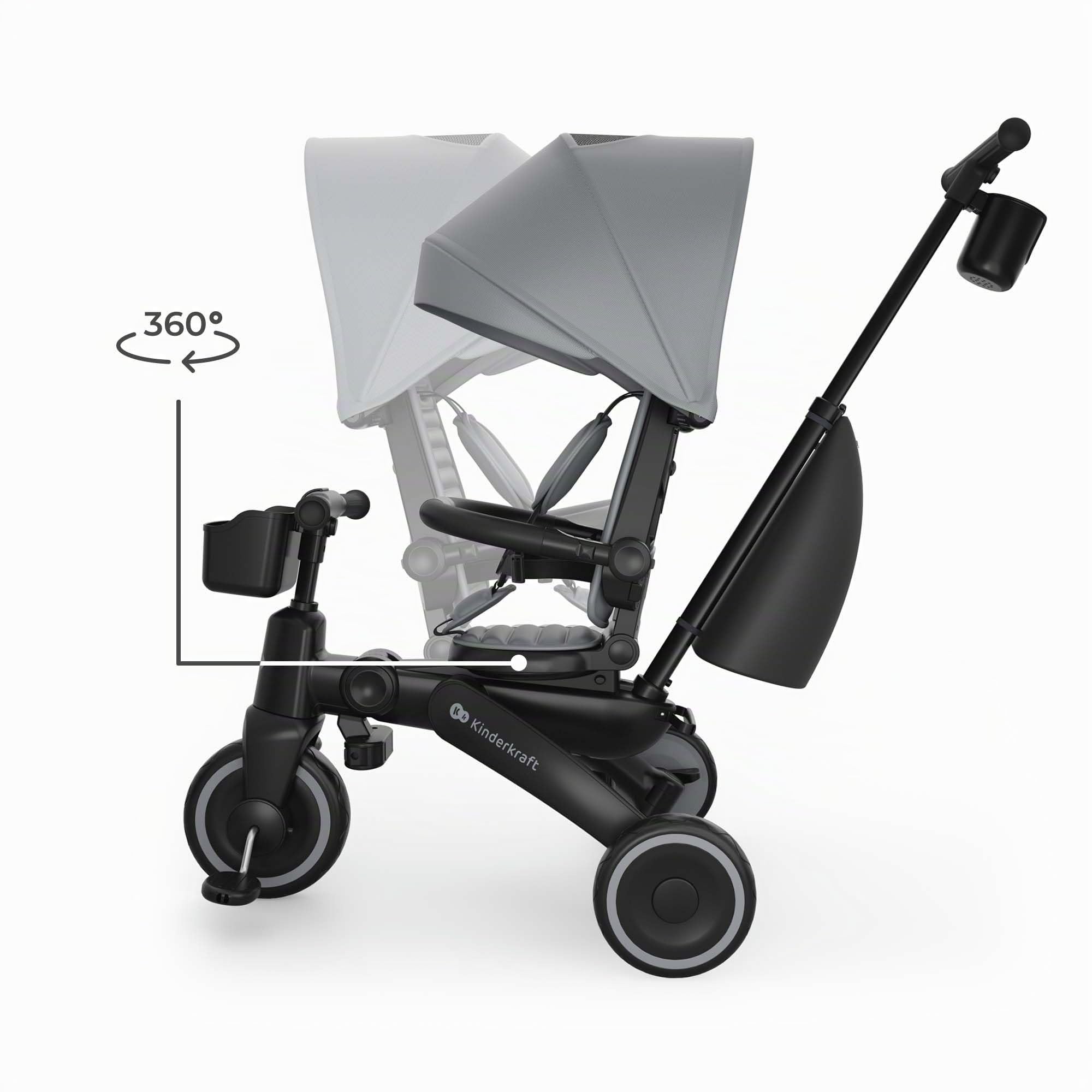 Kinderkraft Jazz 3 Tricycle Pliable, siège Rotatif 360°, Position Semi-allongée Face et Dos à la Route, Canopy UPF 50+, Pliage Compact, dès 9 Mois, Gris