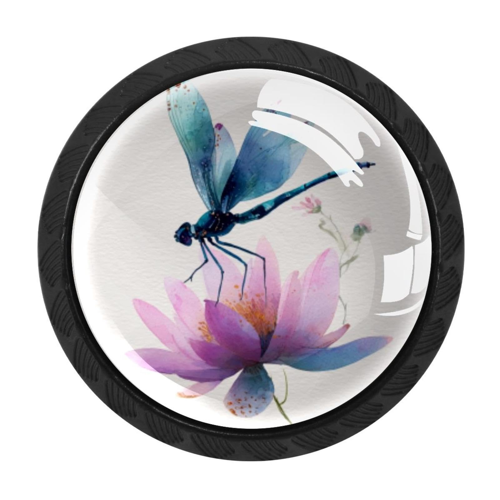 CHENZZZZ 4 Pack Watercolor Dragonfly Flower (1) Dresser Drawer Cabinet Knobs Round Crystal Glass Knobs Pulls Handles for Kitchen Wardrobe Cupboard Door Hardware