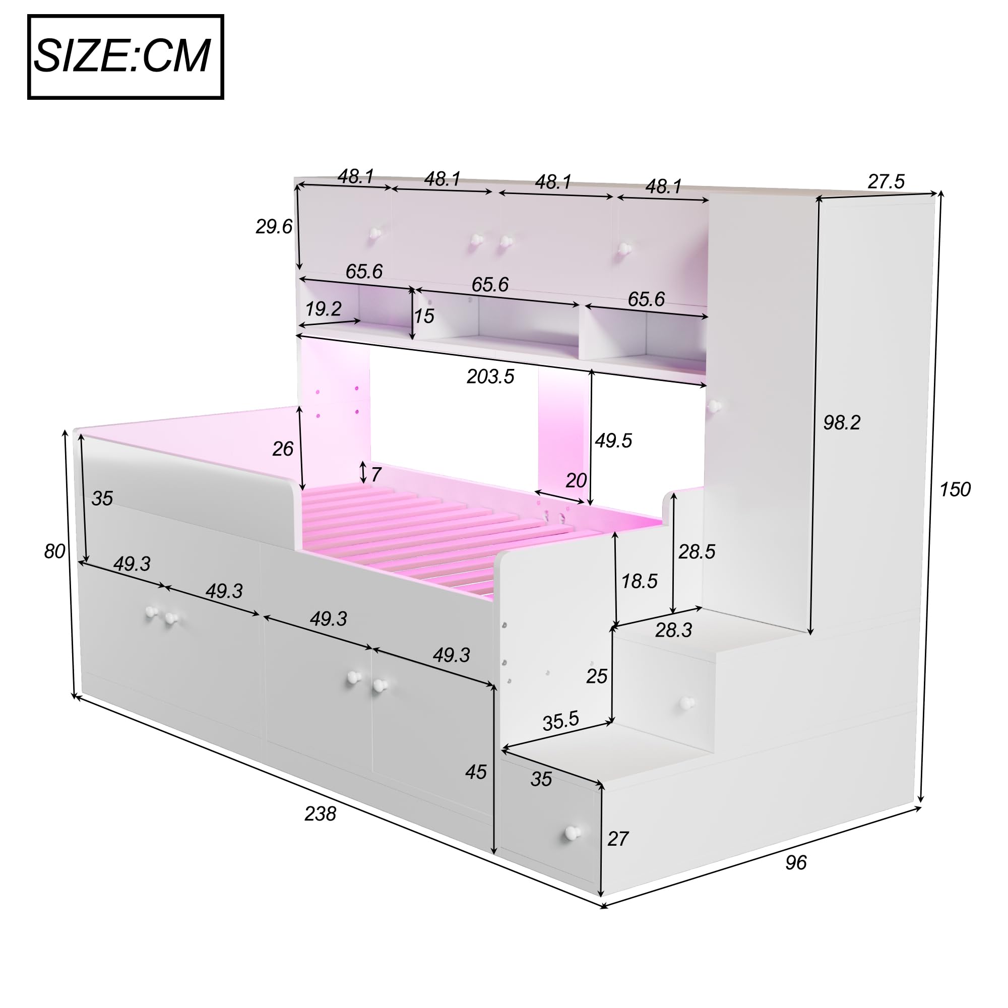 Kebnor Cama infantil de madera de 90 x 200 cm, con espacio de almacenamiento, estantes, armario y escalera de escalada sencilla, con iluminación LED, marco de cuna con barandilla de seguridad (color