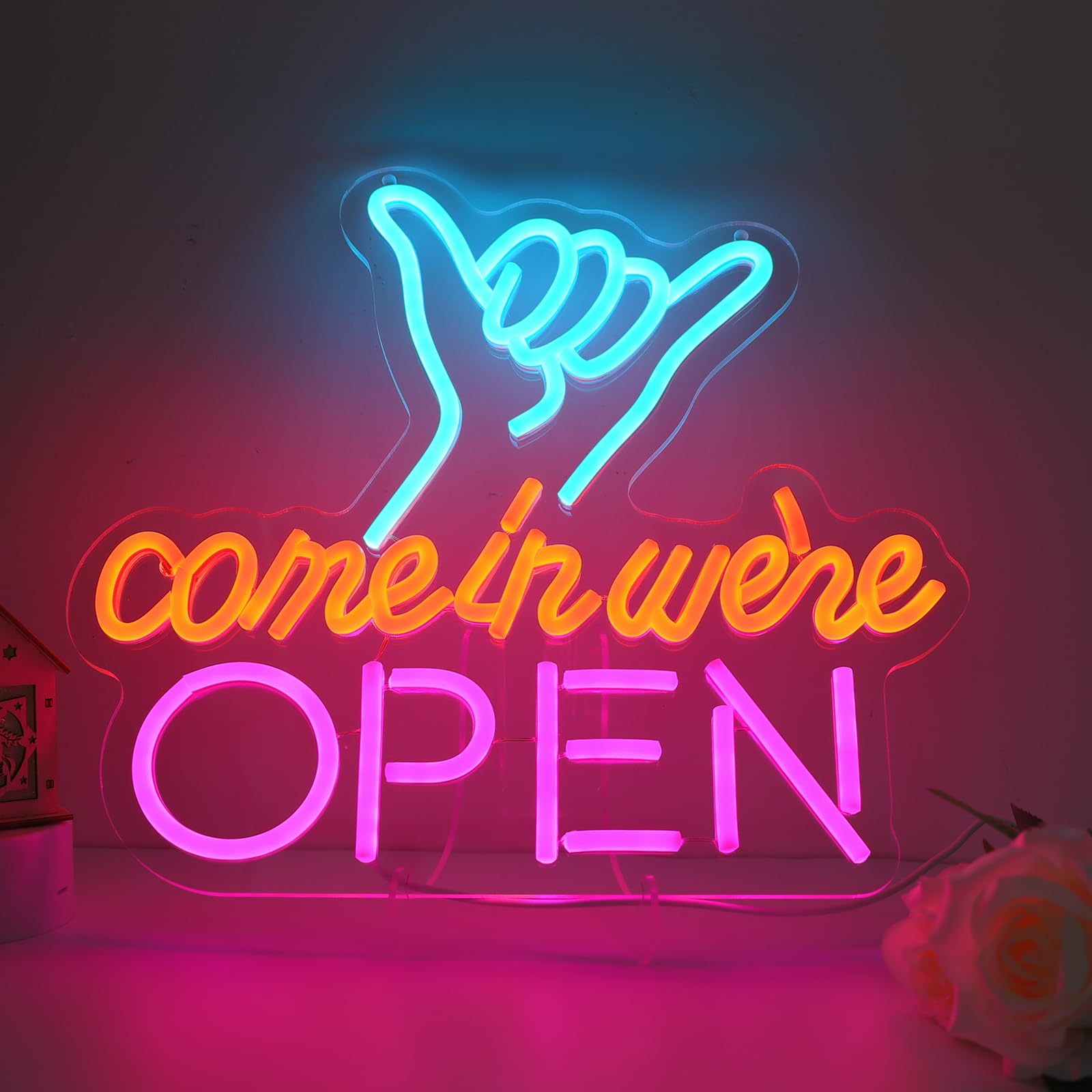 WIOSOUL Finger Open Sign Dimmable LED Neon Open Sign Light for Business 13.78"x12.2" USB Powered Double-Layer Acrylic Board Sign for Shop Restaurants