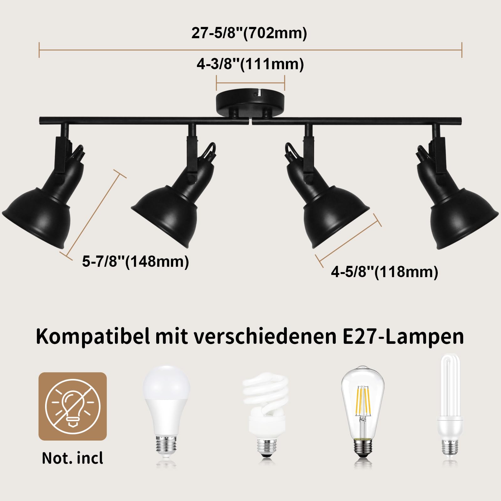 HiBay Reflektor sufitowy LED, 4 żarówki, E27, lampa sufitowa do sypialni, vintage, czarno-biała, do salonu, wychylna, maks. 60 W, bez źródła światła