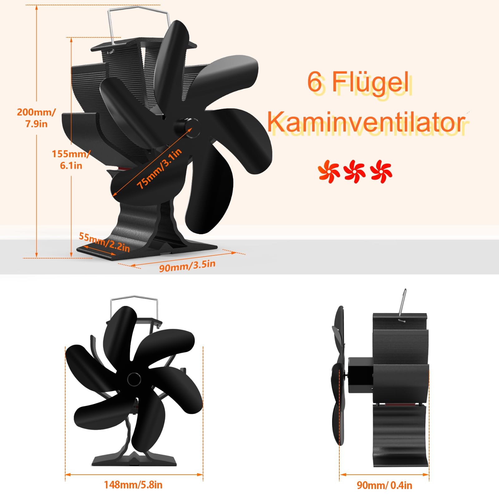 Signstek Ventilateur pour poêles à bois, 6 pales, silencieux, Ventilateur de Cheminée Alimenté Par la Chaleur pour Poêle à Bois/Cheminée/Gaz/Bûche