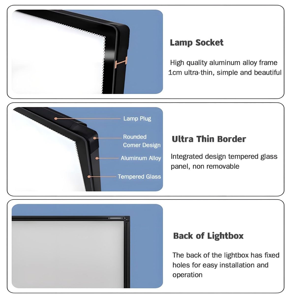 Caja de luz LED ultrafina for publicidad, pantalla iluminada deslizable | Marco delgado,Tablero menú montado en la pared,Panel de vidrio templado,Brillo uniforme,for tiendas(Silver,50*70CM)