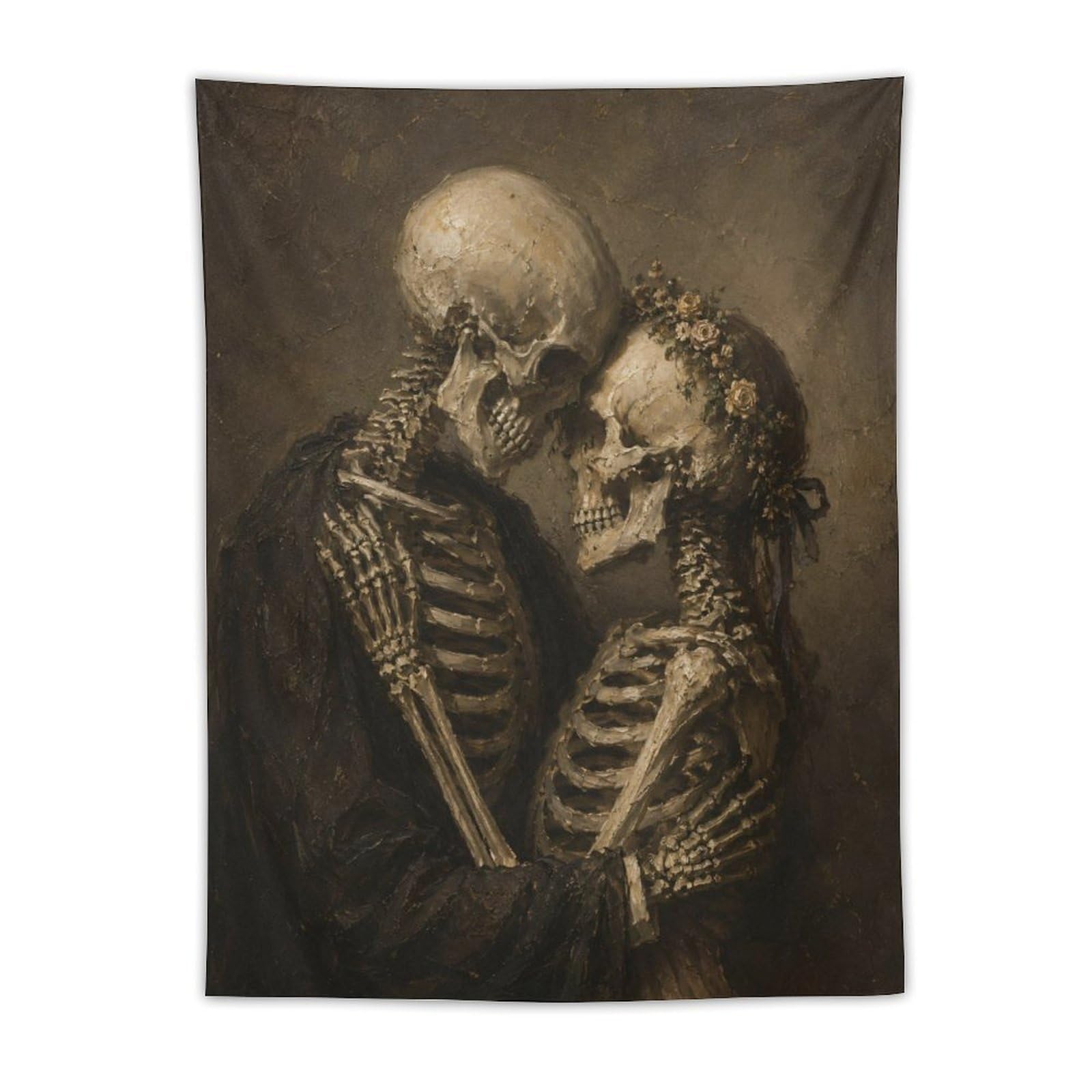 W7C8U2X3 Sepia Skeleton Couple Wall Tapestry, Gothic Oil, Memento Mori