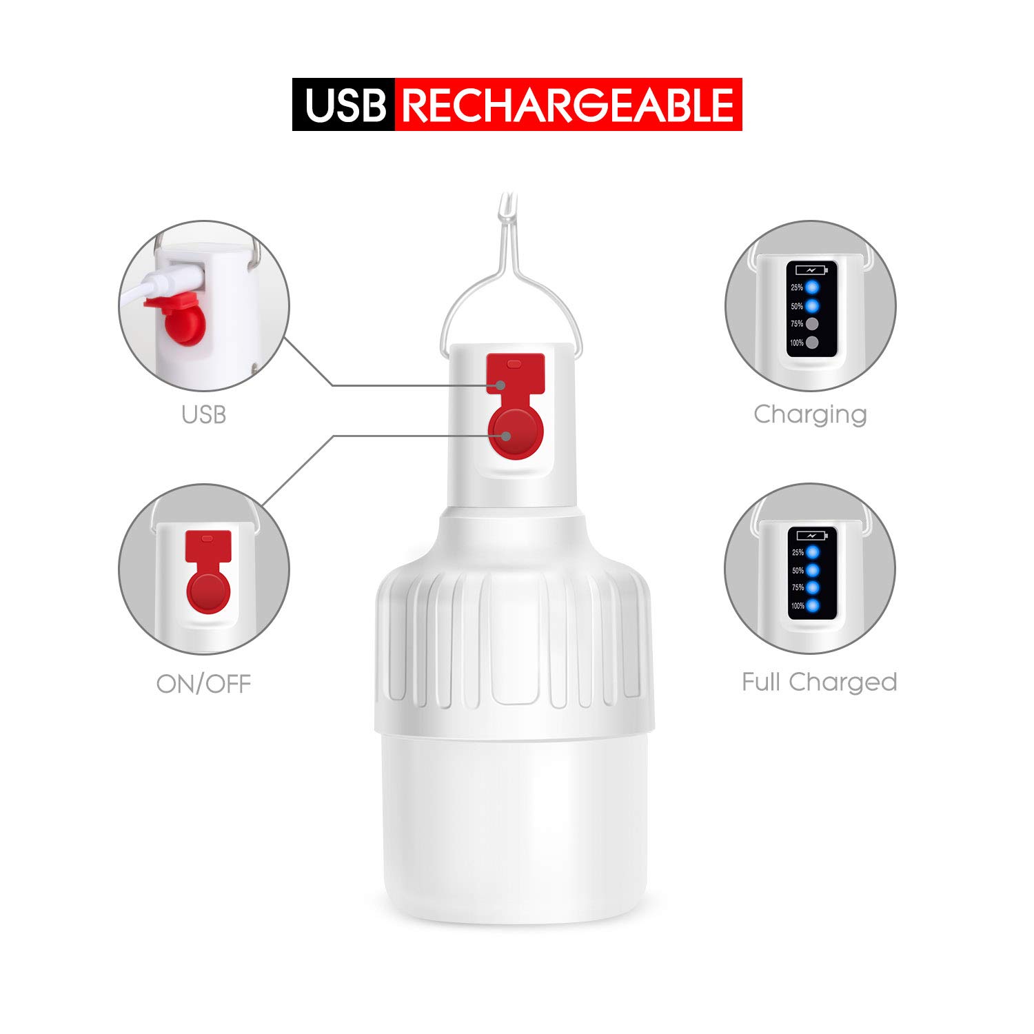 WdtPro - Lanterna da campeggio a LED ricaricabile, 4 pezzi, super luminosa, portatile, con 3 modalità di luce, torcia perfetta per uragano, emergenza, kit di sopravvivenza, escursionismo, pesca