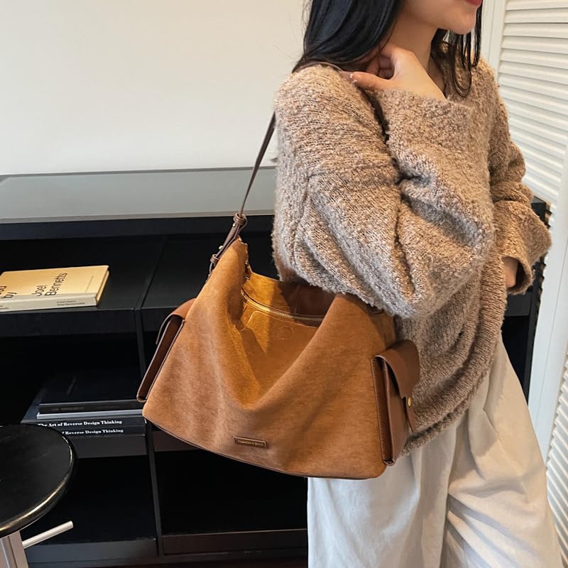 Slouchy Hobo Bag for Women, Faux Suede Satchel Tote Bag, Large Brown Purse with Compartments4