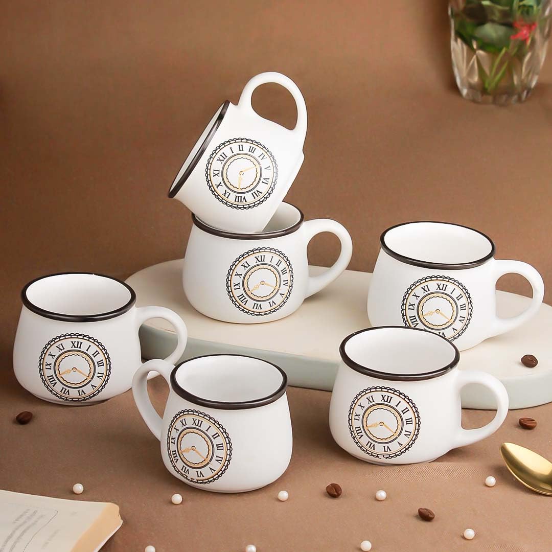The Earth Store Cup O'clock Cup Set of 6 for Tea-200ml Each Capacity | Clock Print | Microwave and Dishwasher Safe Ceramic Tea Cup Ideal for Home, Office, Parties, Birthday Gift Chai Cups
