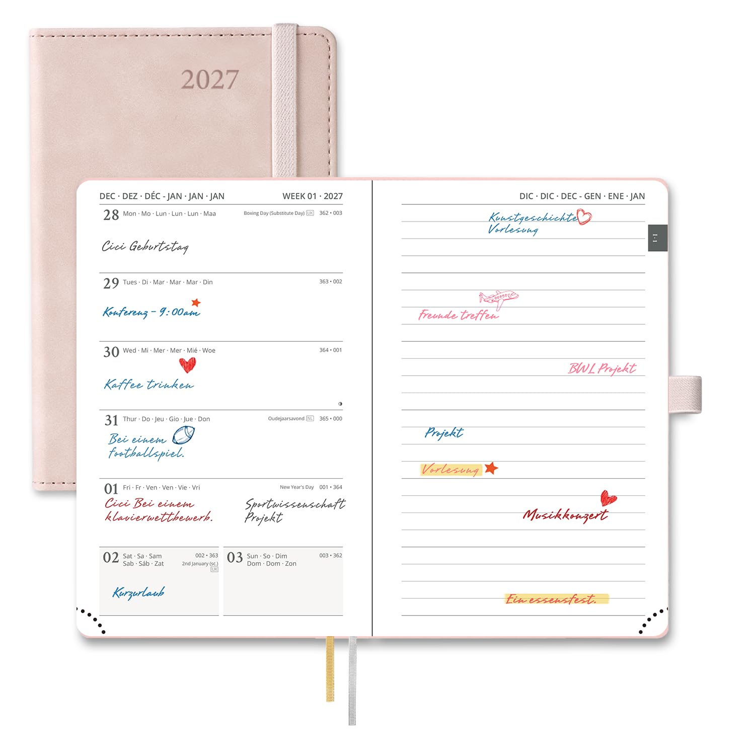 POPRUN Taschenkalender 2027 Wochenplaner mit Notizen A6 mit PU-Softcover | (15,6 x 10cm),(Jan.2027-Dez.2027),Klender 1 Woche 1 Seite(Montag - Sonntag),Terminplaner mit 100 GSM Papier(Zartrosa)