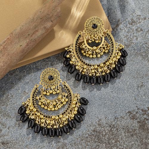 Boho Ball Tassel Dangle Large Earring for Women Girls Oversize Rhinestone Crystal Bohemian National Style Chandelier Statement Beaded Jhumka Bollywood Drop Stud Vintage Indian Jewelry Gift Lightweight4