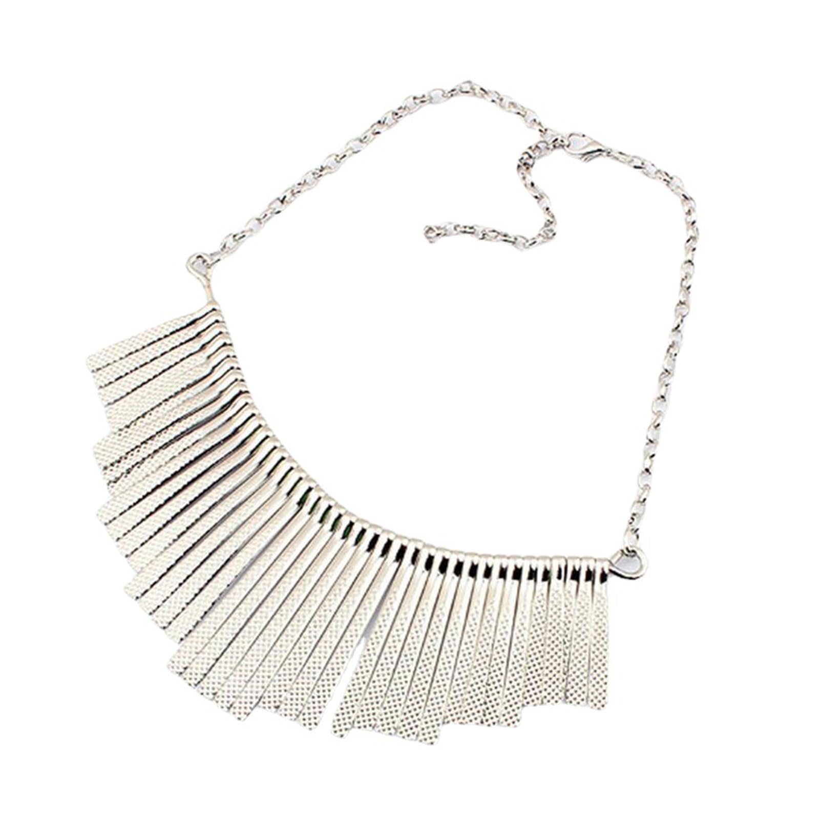 Pofluany Women's Silver Sparkling Bars Choker Metallic Necklace Bib Chunky Collar Fringe Necklace Metal Tassel Punk Jewelry For
