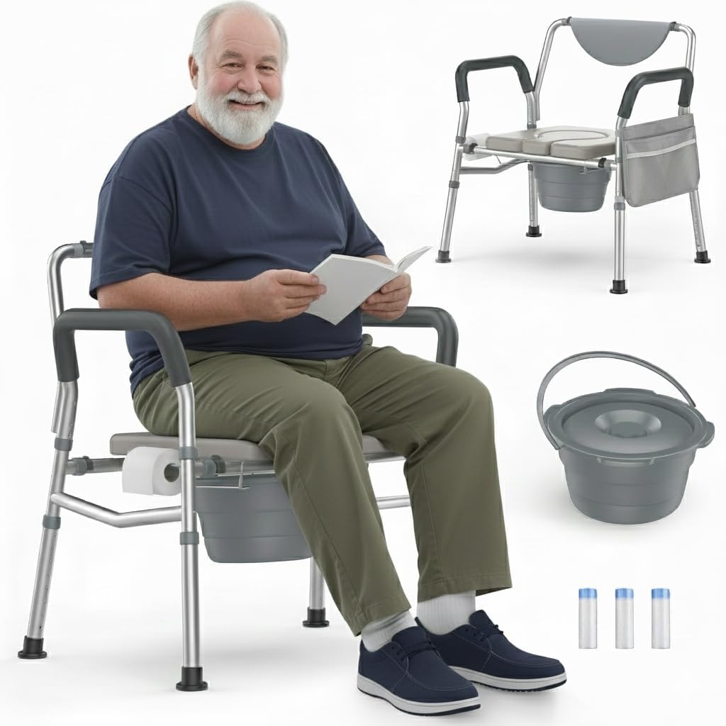 4 in 1 Heavy Duty Bedside Commode, Height Adjustable Adult Potty Chair, Shower Chair for Elderly, Disabled, Extra-Wide Seat, 350lbs Weight Capacity