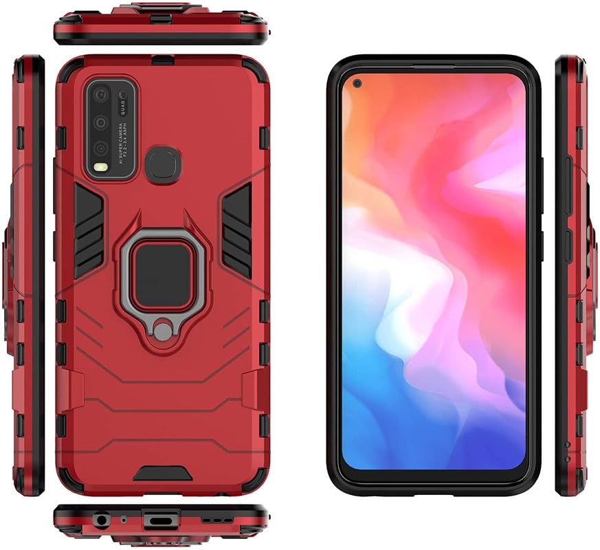 Image of OneLike 360 Shockproof Slim Drop Full Body Protection Robot Ring Phone Back Cover for vivo 1938 / vivo Y30 - Red