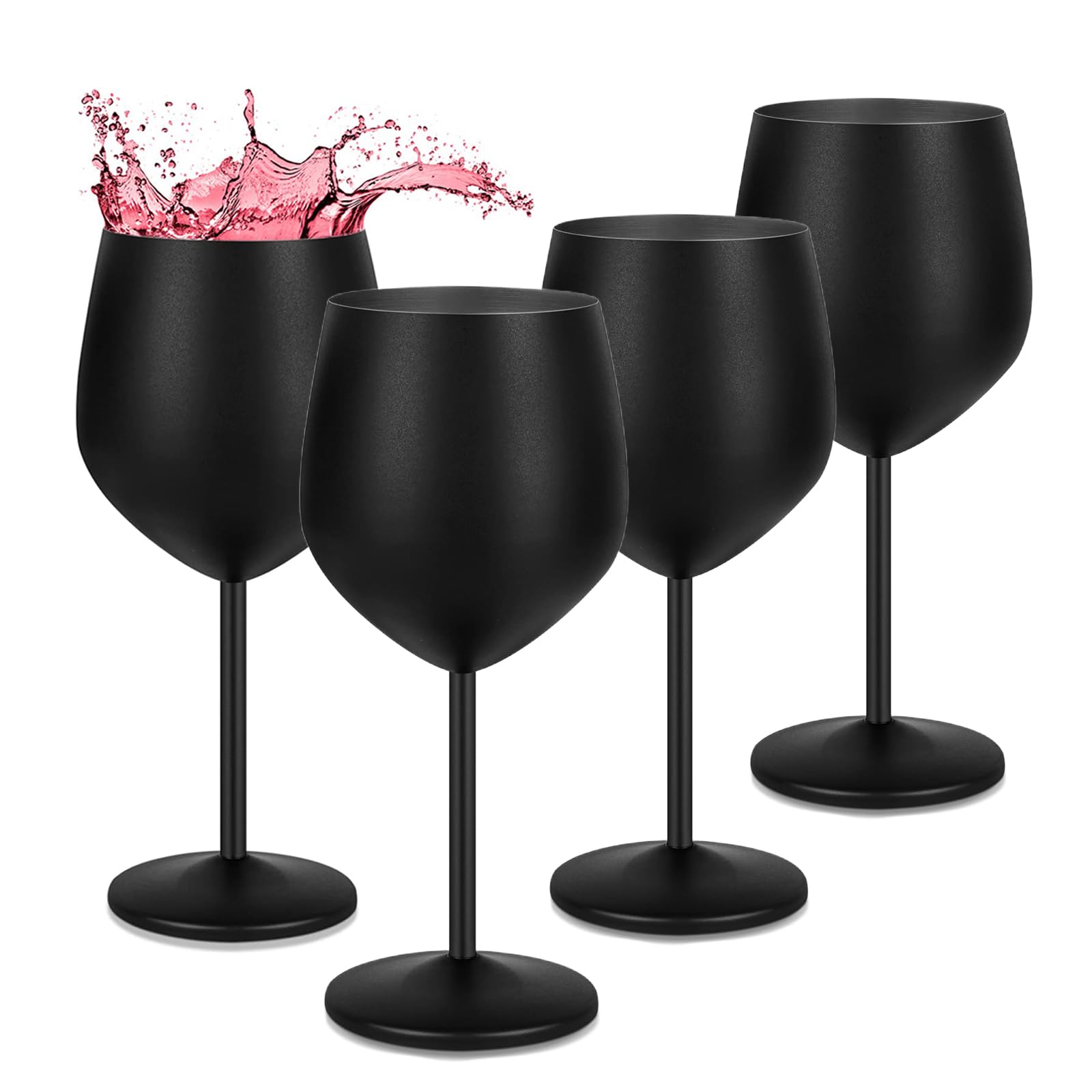 Juego de 4 Copas de Vino de Acero Inoxidable (550 ml/18 oz, Negro Mate), Copas de Vino Tinto y Blanco Irrompible, 9 cm de Profundidad x 21 cm de Alto, para Fiestas, Aniversarios, Bodas