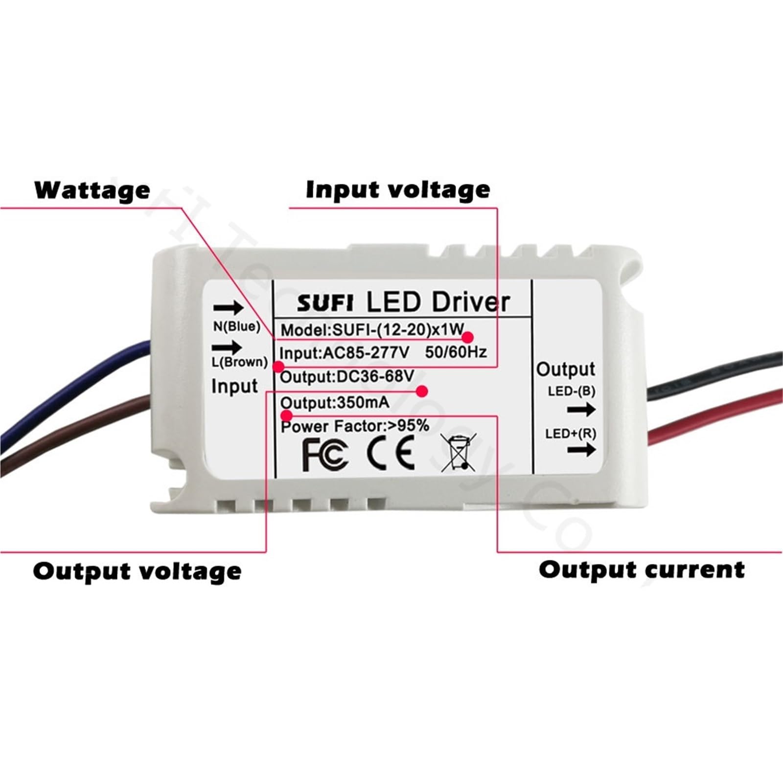 Controlador LED de 20 W, 350 mA, CA 85-277 V a CC 36-68 V, adaptador de caja de plástico, transformador de iluminación, interruptor for tira de LED, bombilla de techo.(5 Pieces)