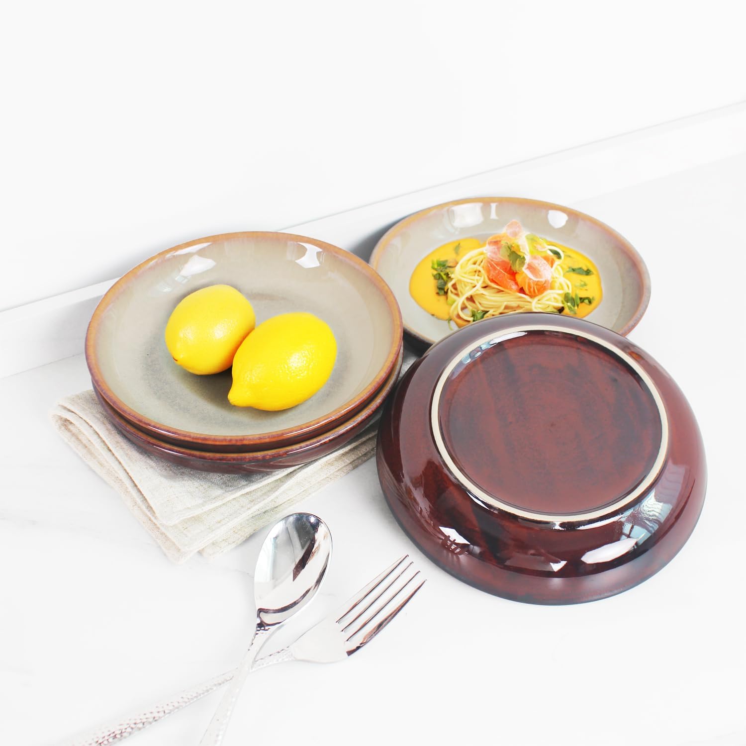 Ceramic Pasta Bowls 11.8 Oz, Salad plates, for Serving Soup Pasta Noodle Dinner, Set of 4 Large Kitchen Serving Bowls Plates, Microwave Safe, apply Indoor Outdoor, Deep plate, 7.9 Inch
