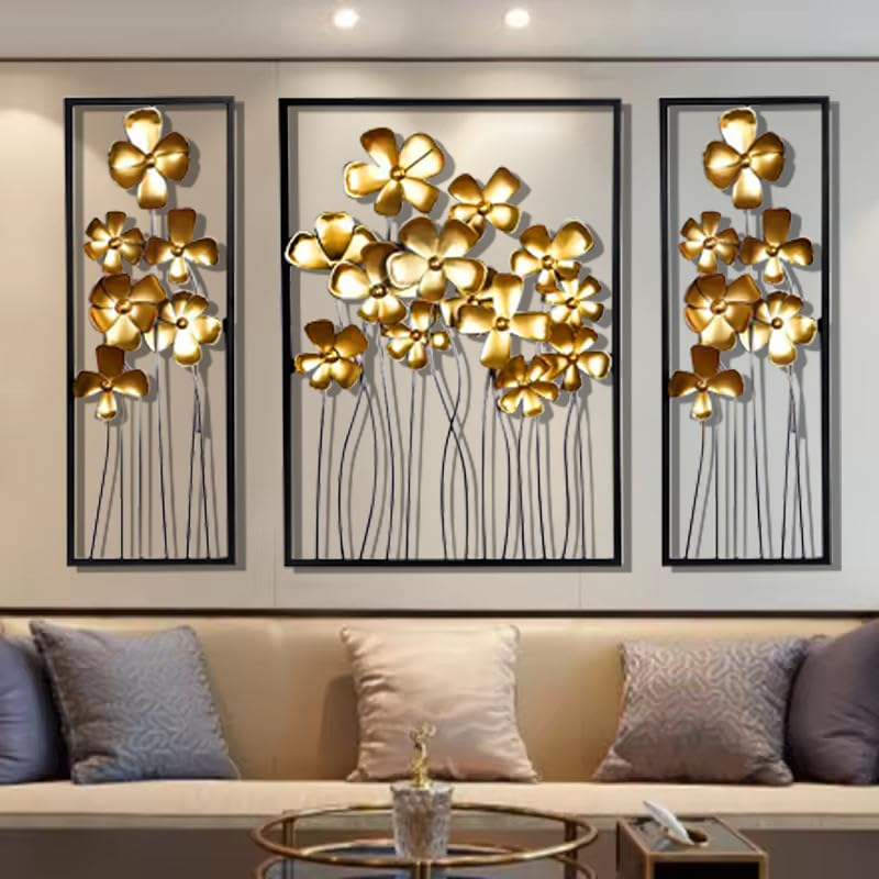 Image of ZOVE Creative Wall Decoration - Set of 3 Metal Lilac Gold Flower Wall Hanging | luxury Metal Wall Sculpture for Entrance, Bedroom, Corridor (Gold, 57 X 32 Inch)