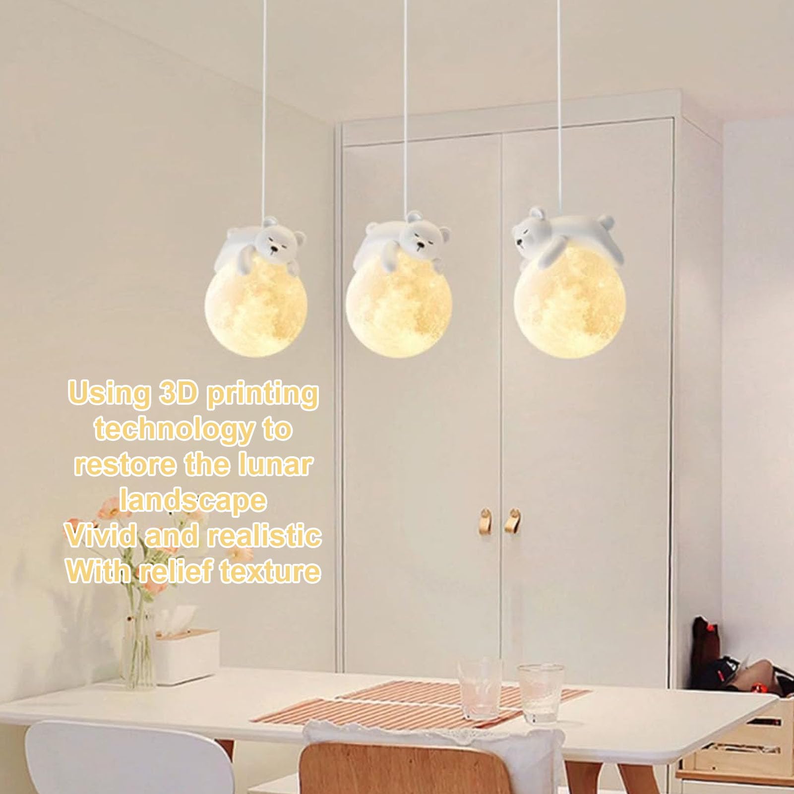Naroote Mond-Pendelleuchte, 3D-Gedruckter Mond-Lampenschirm, Deckenleuchte mit Schlafendem Bären-Design, Stilvolle Hängelampe für Das Schlafzimmer, überraschung für Café, Hotel