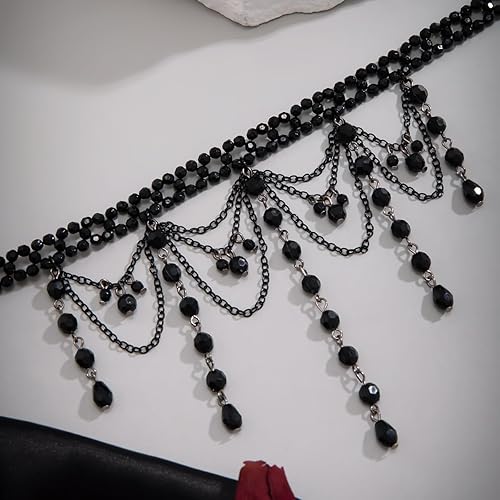 Miniatura 5 de Chargances Collar con colgante largo de cuentas de cristal vintage de los años 90, gargantilla de encaje negro victoriano con dije de cadena