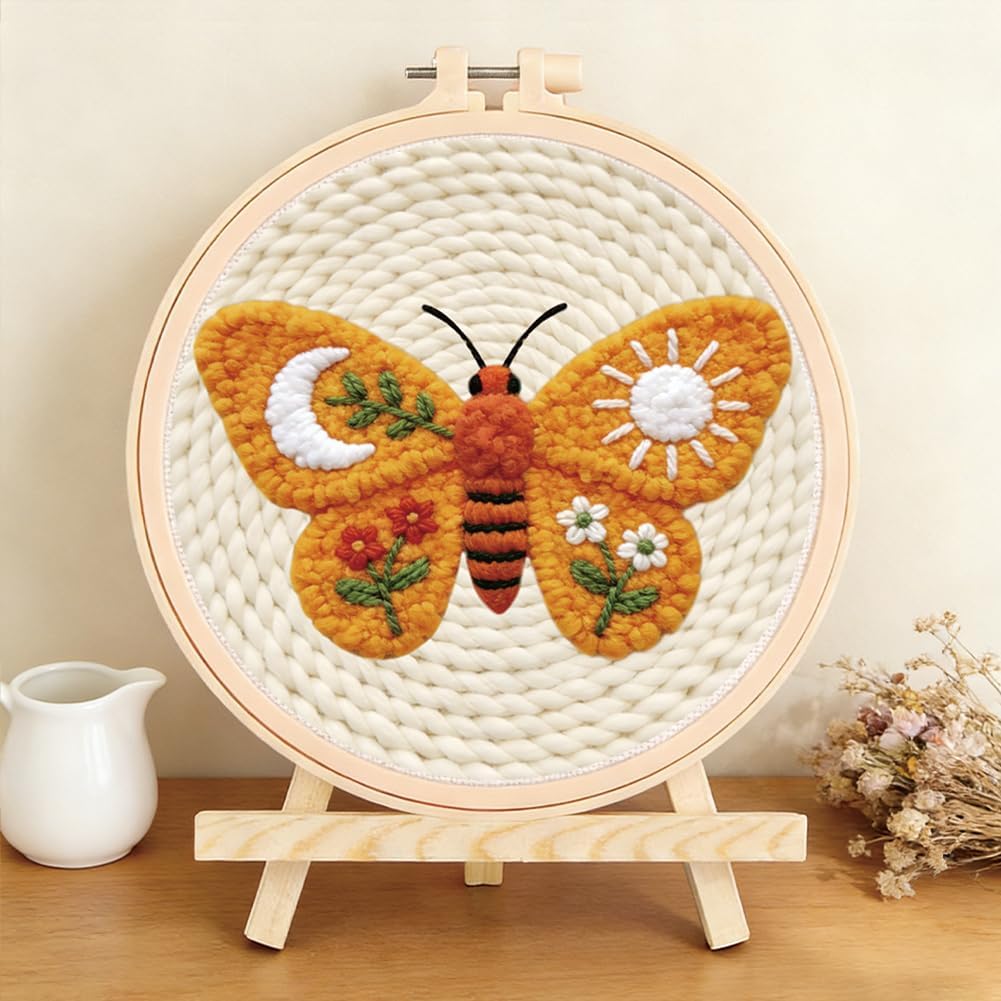 FREEBLOSS Moth Punch Needle Kit for Adults Beginners, DIY Punch Needle Starter Kit, Cross Stitch Craft Set with Pre-Printed Fabric and Tools for Decor&Handmade Gifts (20 cm/7.87 inch)
