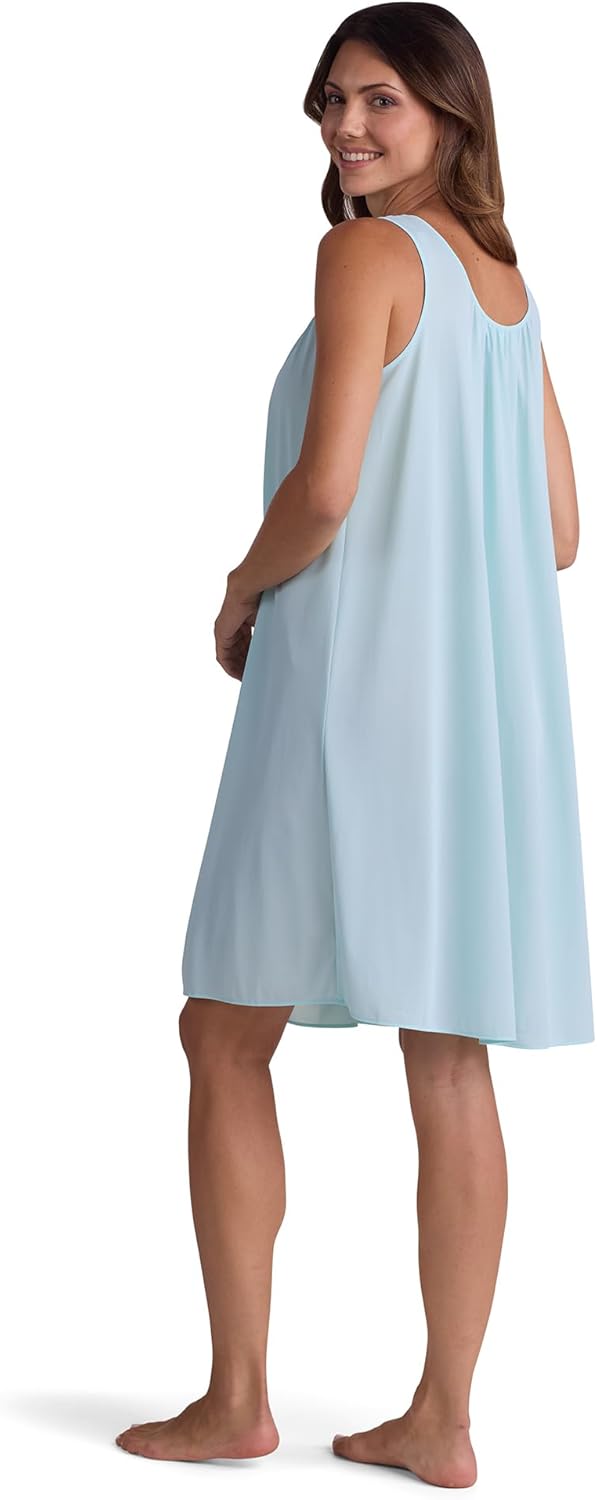 Miss Elaine Nightgown - Women's Short Nylon Tricot Gown, Sleeveless Gown with Petal Embroidery at Round Neck - Image 2