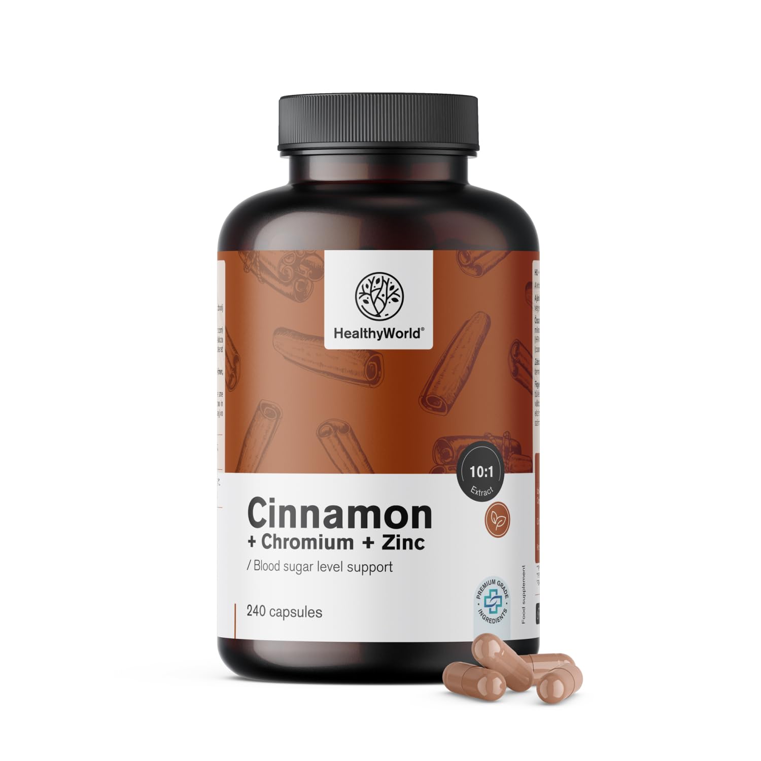 HealthyWorld® Cannella con Cromo e Zinco - 240 Capsule Vegetali - Vegetariano - Dose Elevata - Fornitura per 4 mesi - Qualità Premium - Tre Principi Attivi - Gestione degli Zuccheri nel Sangue