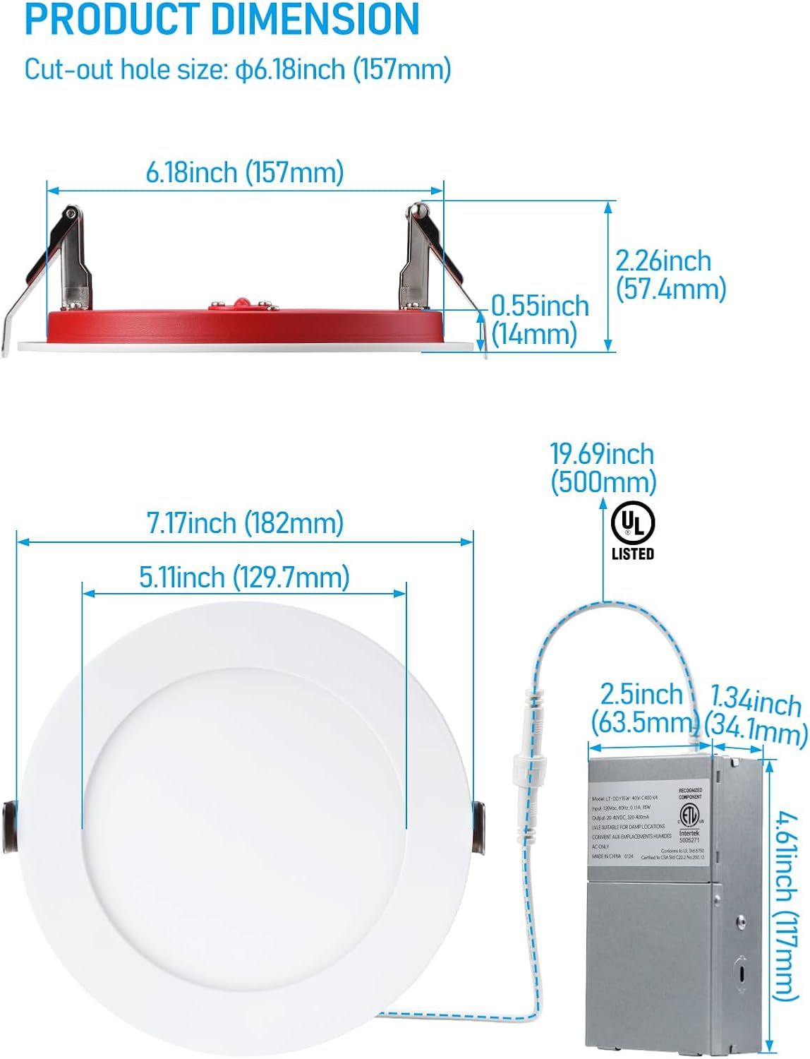 TORCHSTAR 5CCT 2 Hour Fire Rated Ultra-Thin LED Recessed Lighting with J Box, UL263, 6 Inch Dimmable Slim Recessed Canless LED Downlight, IC Rated, 2700K3000K3500K4000K5000K, ETL & ES & T24, Pack of 4
