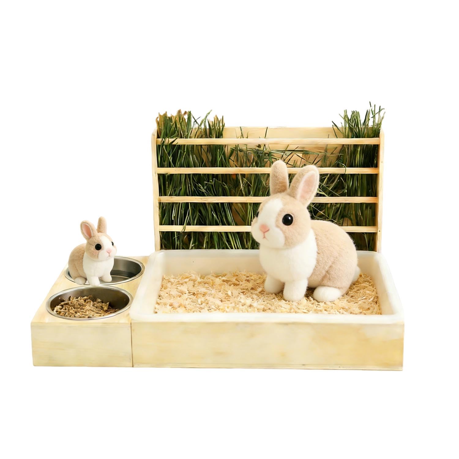 Râtelier à foin pour lapins, cochons d'Inde avec 2 gamelles, distributeur de nourriture 3 en 1 en bois pour cochons d'Inde