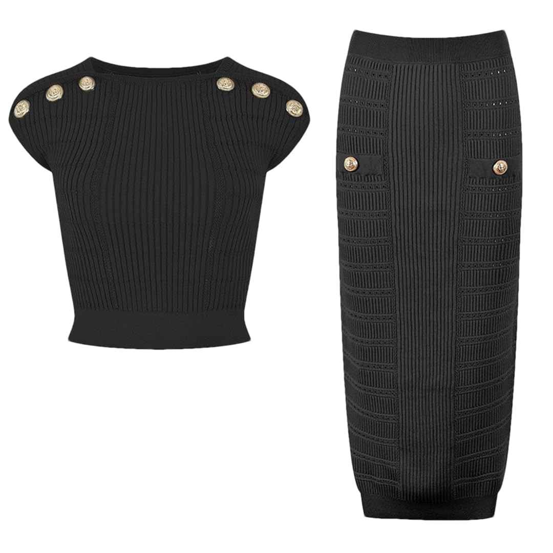 Women 2Pcs Long Skirt Suit Short Vest Crop Tops Slim Elastic White and Black Twin Sets