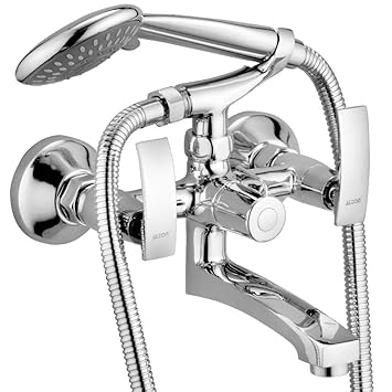 ALTON FAM3395 Brass, Wall Mixer With Crutuch and 5-Function Hand Shower Full Set, Chrome Finish