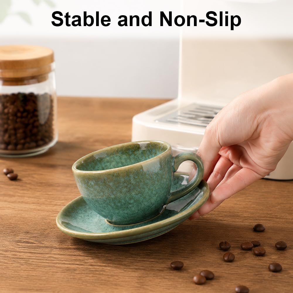 4 Espressotassen Set Keramik Hochwertig Espresso Tassen Set mit Untertassen 90 ml Kaffeetassen Set 4er Esspresotasen Spülmaschinenfest Mikrowellenfest(Jadegrün)