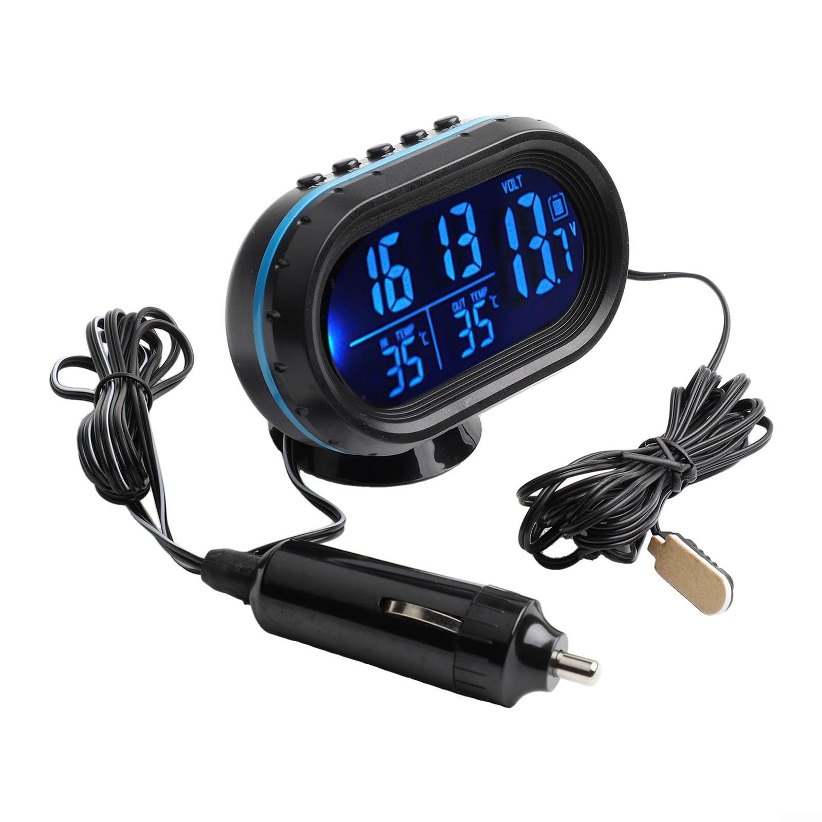 12V Digital Auto Uhr Thermometer Hygrometer Voltmeter mit Temperaturanzeige Innen/Außen, Batteriespannung Überwachungsalarm, Multifunktions Wetterstation für KFZ LKW, Blau/Orange(blue)
