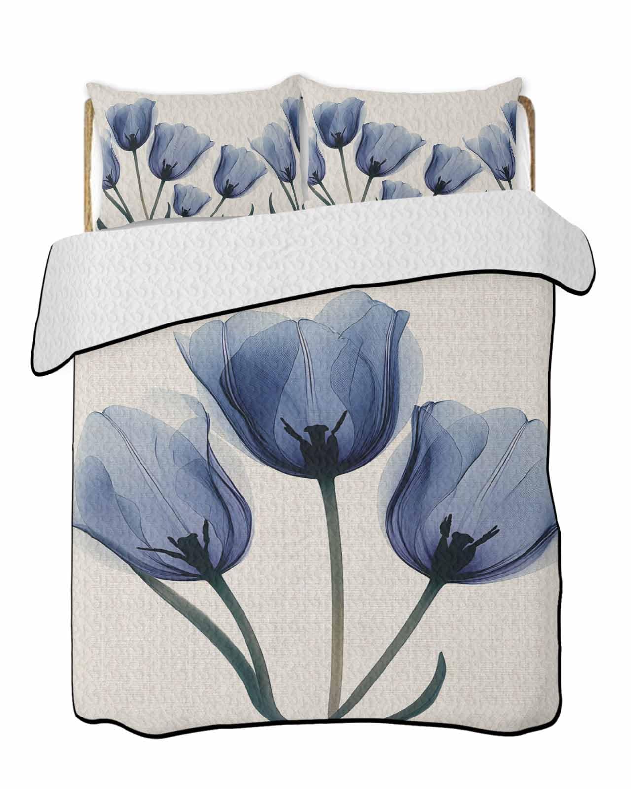 LOT BASIC 3-Piece Summer Quilt Twin Size, Blue Tulip Lightweight Cooling Bedding Comforter Blanket with 2 Pillow Shams, Rustic Spring Floral Summer Botanical Bedspreads Quilted Coverlet Sets 68