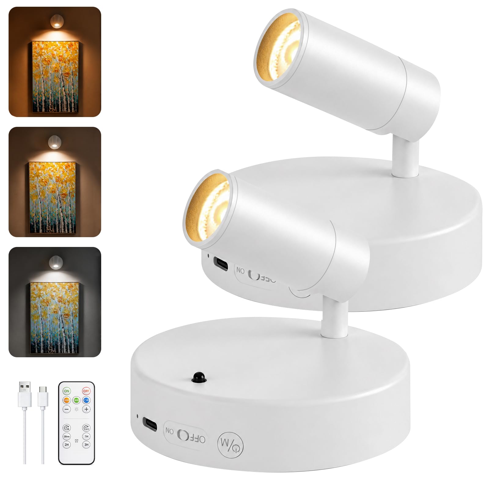 GOODEA Spotlights Indoor with Remote, 5500mAh Rechargeable Battery Plant Spotlight Indoor, Wireless Uplighting with 3 Colors &amp; 24H Cycle Timer, Picture Light for Painting(2 Pack 5500mAh, White)