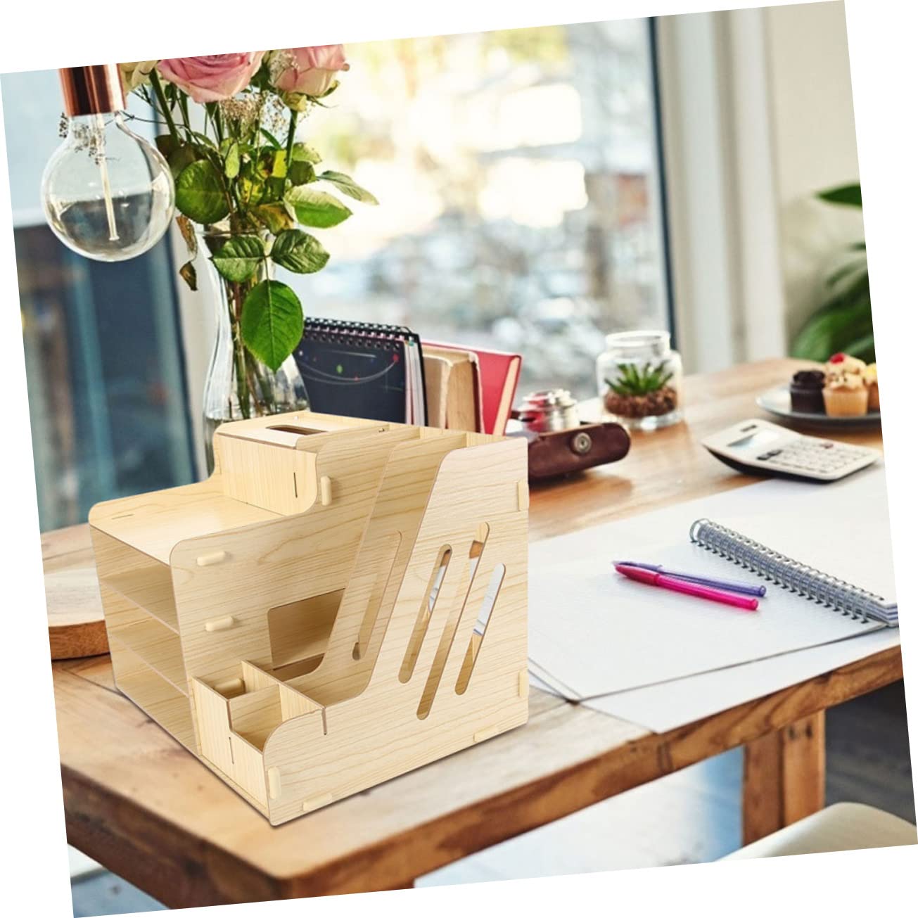 HOMSFOU Estante Organizador De Escritorio De Madera Natural con Múltiples Compartimentos Deslizantes y Gran Capacidad Rack para Almacenamiento De Archivos y Suministros De Oficina