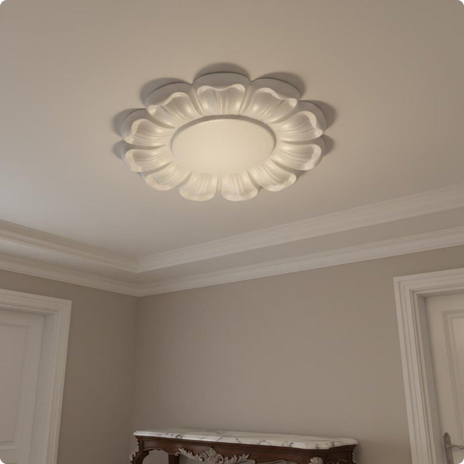 PU Gypsum Luminaire Surround Medallion Lightweight Round Overhead Medallion Easy Installation Ornamental Overhead Light Plate for Living Room-image-26