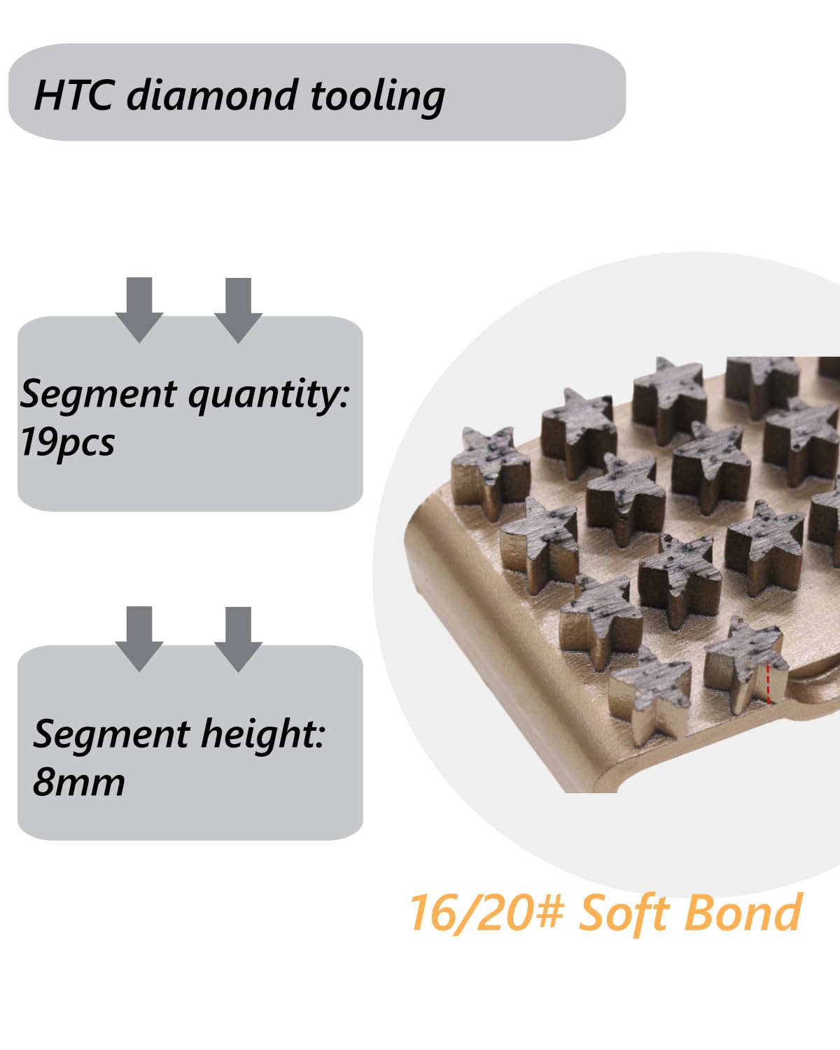 HTC Diamond Grinding Shoes for Medium Floor Preparation, Concrete Floor Grinding Disc Fit with HTC Grinders, 16/20 Grit Metal Bond, Multi-Star Segments