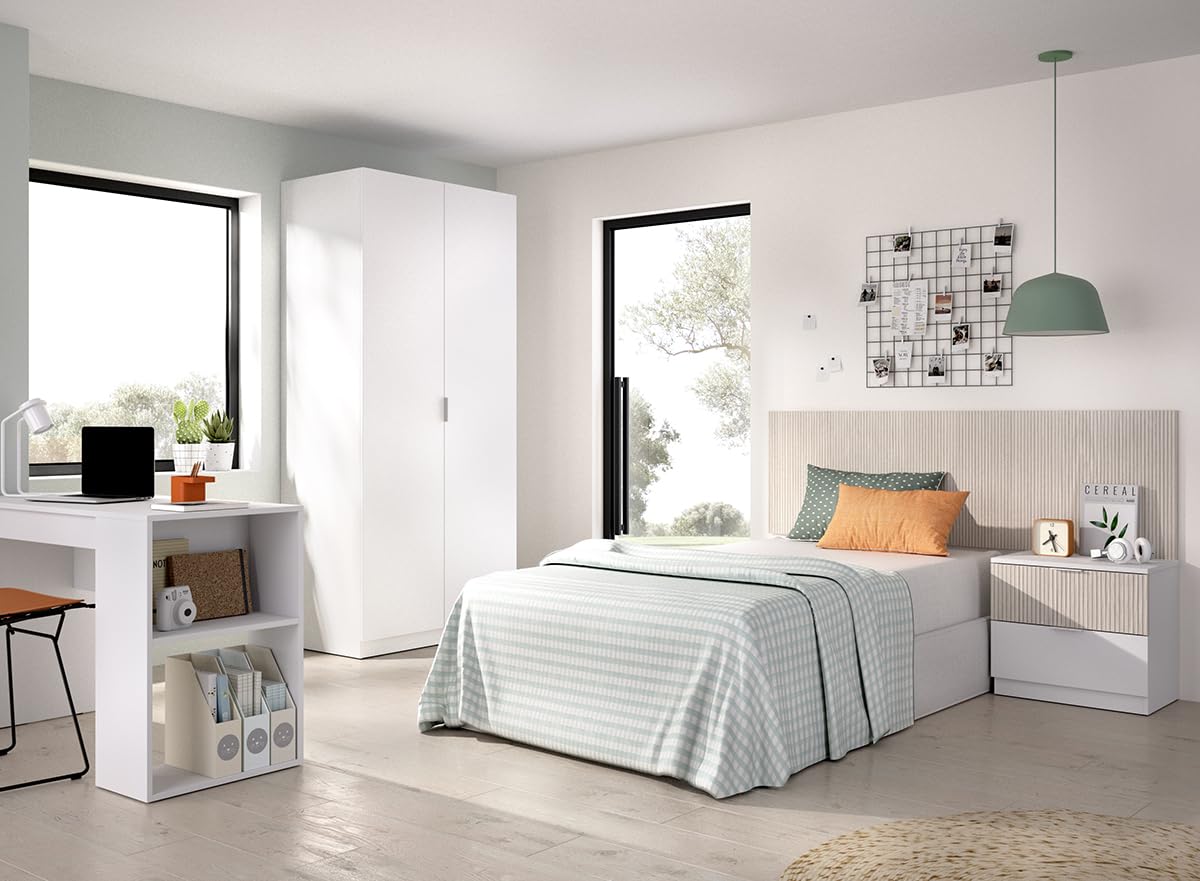 PEGANE Ensemble Chambre Enfant avec Couchage 90 x 190 cm Coloris Imitation lamelles, Blanc