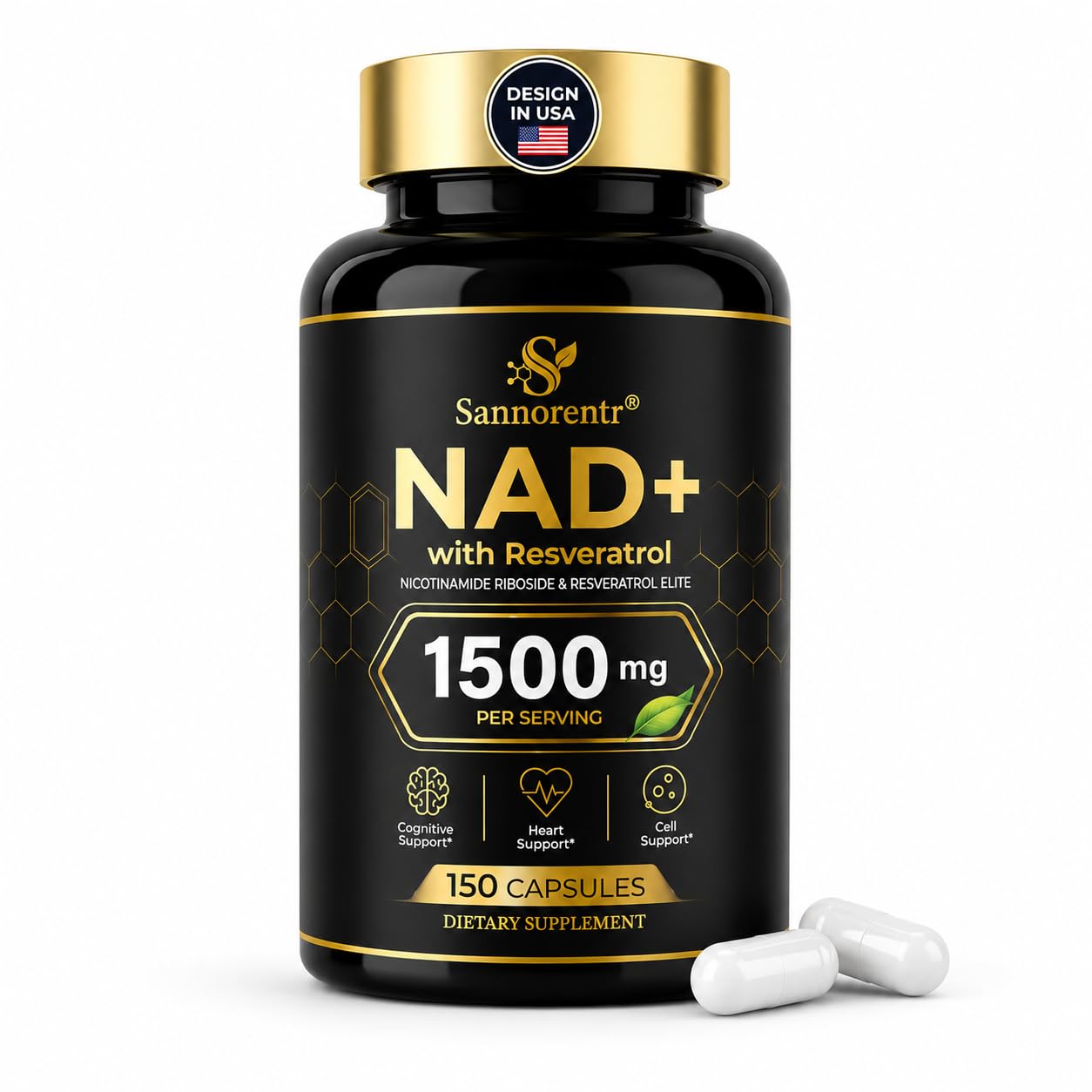 Sannorentr Suplemento de Resveratrol com NAD+, trans-resveratrol, quercetina e fisetina 1500 mg, 150 cápsulas