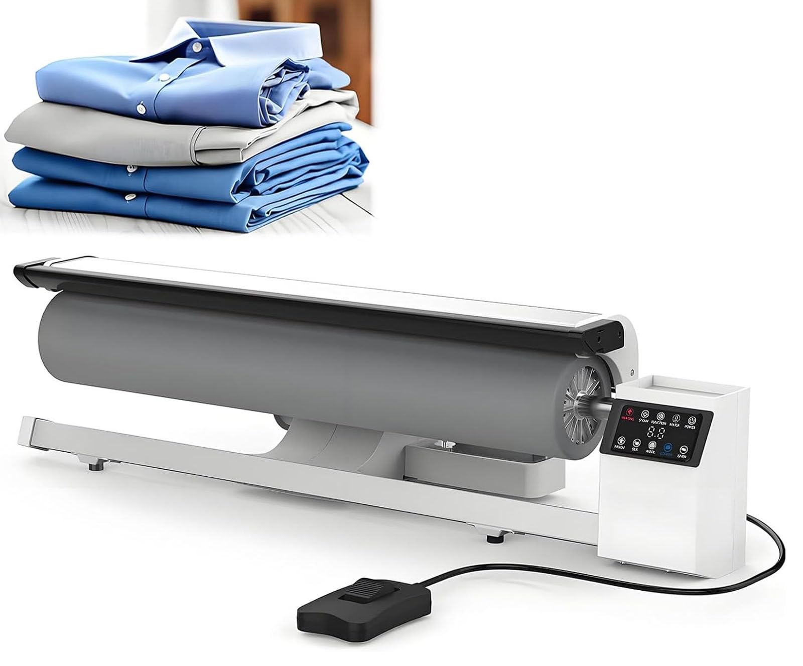 Drmoxin Rotary Steam Roller Ironer, Steam Press Machine, Continuous Steam Output, Foot Pedal Control, High-Pressure Heated Plate, Designed for Flat Fabrics, Suitable for Home and Commercial Use