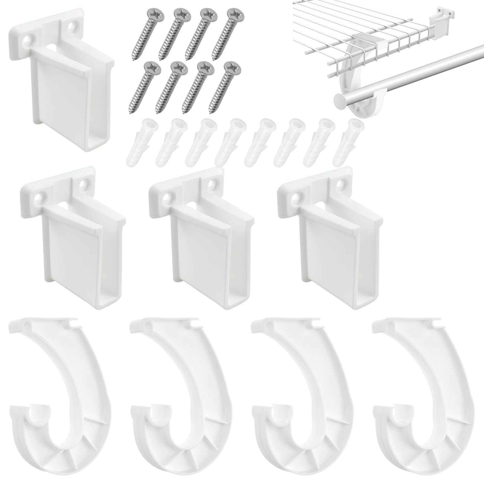 UBANU Hanging Closet Rod Support Kit, Include 4Pcs 3/4 J-Shaped Hanging Closet Rod Supports and 4Pcs White Plastic Wire Shelf End Brackets for Cabinets Storage, Curtain Mounting, with Screws