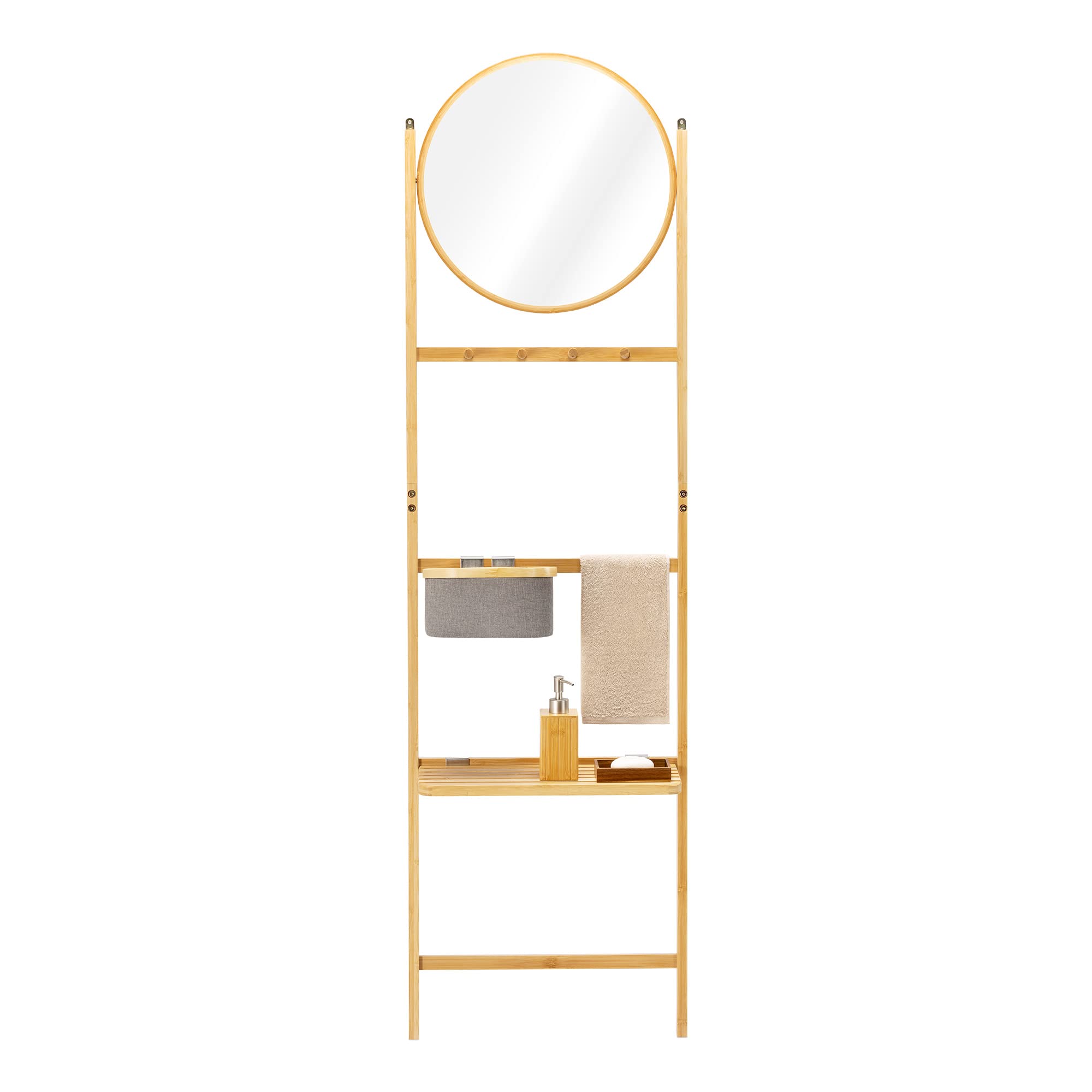 Navaris Porte Serviette Miroir - Ensemble en Bambou 48,5 x 18 x 172 cm avec échelle et Panier - pour Salle de Bain Chambre entrée vêtements Vestes