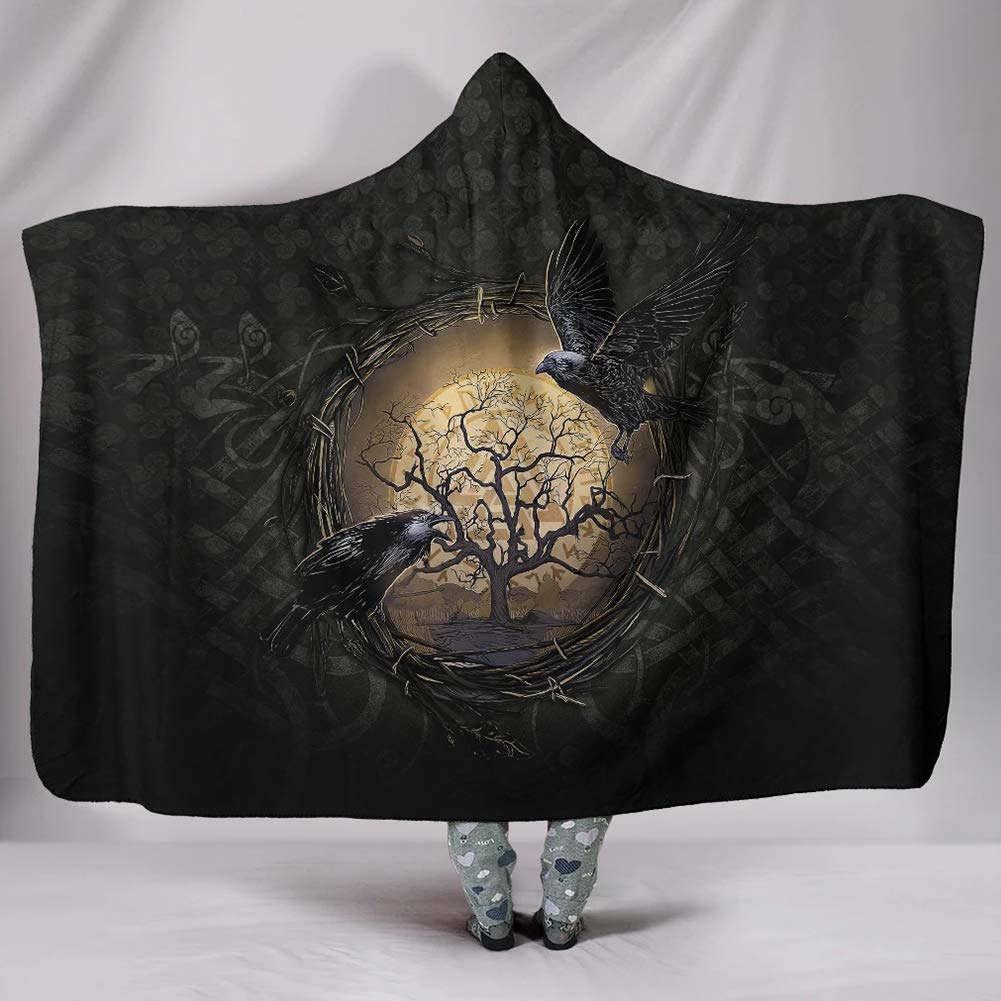 Coperta da Uomo con Cappuccio, Mantello Indossabile Indossabile Portatile Per Tatuaggio Grafico Mitologia Nordica Scandinava Vichinga Stampata in 3D, Super Morbido Caldo Comodo,World tree,80″ x 60″