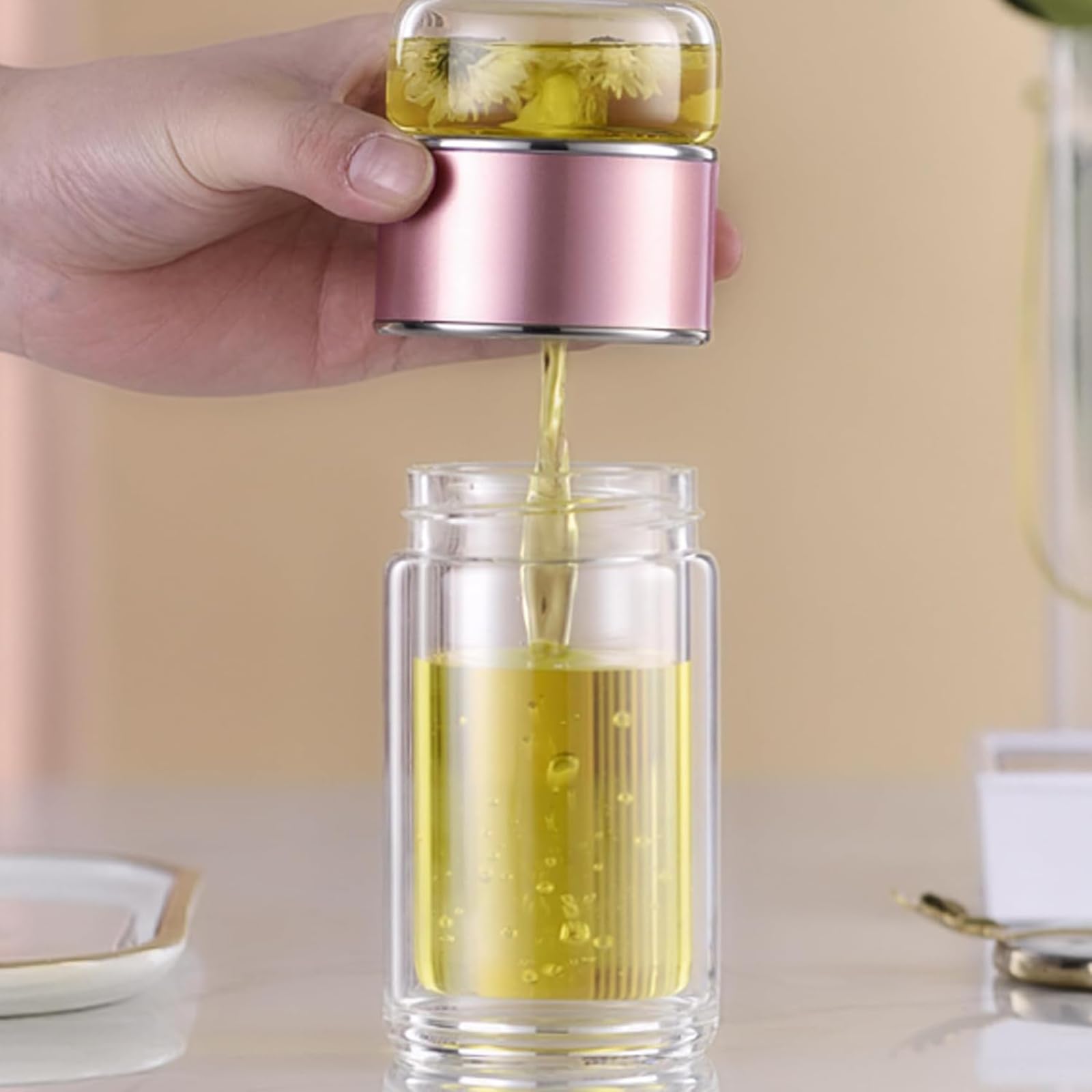 Botella infusora de té de vidrio de doble capa, máquina de té 3 en 1 de hojas sueltas y empinadora para preparar té suelto de 350 ml