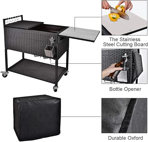 Miniatura 6 de HOSFO - Carro enfriador de 80 cuartos de galón para patio al aire libre con ruedas, baúl de mimbre portátil, barra de bebidas de ratán para fiesta