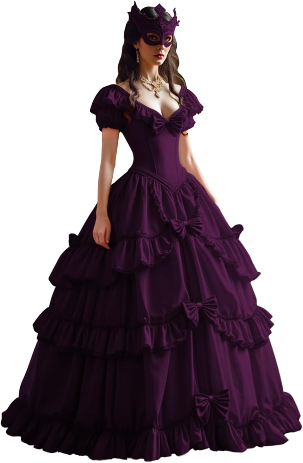 TRHTX Gothic Puffy Sleeve Wedding Dresses for Bride with Bow Layered Satin Bridal Dress V Neck Wedding Gown