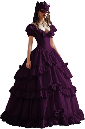 TRHTX Gothic Puffy Sleeve Wedding Dresses for Bride with Bow | Layered Satin Bridal Dress, V Neck Wedding Gown,18th Century Dress for Women