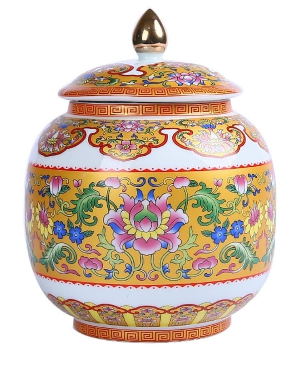 FLYIODFCXV Ceramic Ginger Jar with Lid Chinese Tradition Storage(Gold)