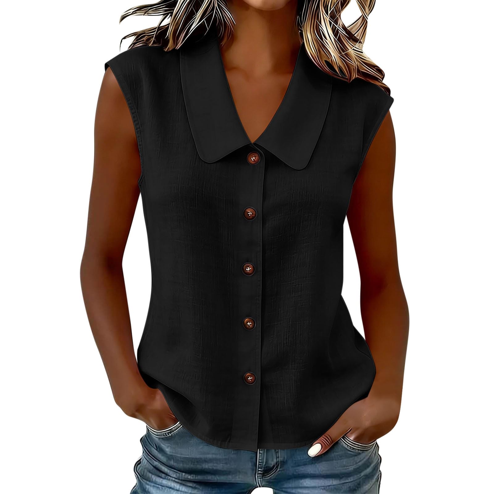 Chemisier Femme Chic et Élégant, Chemisiers et Blouses Femme D'Été sans Manches Coupe Fluide Respirant Col en Revers Bouton Lâche Respirant Couleur Unie Décontracté Tunique Tops pour Tenues Estivale